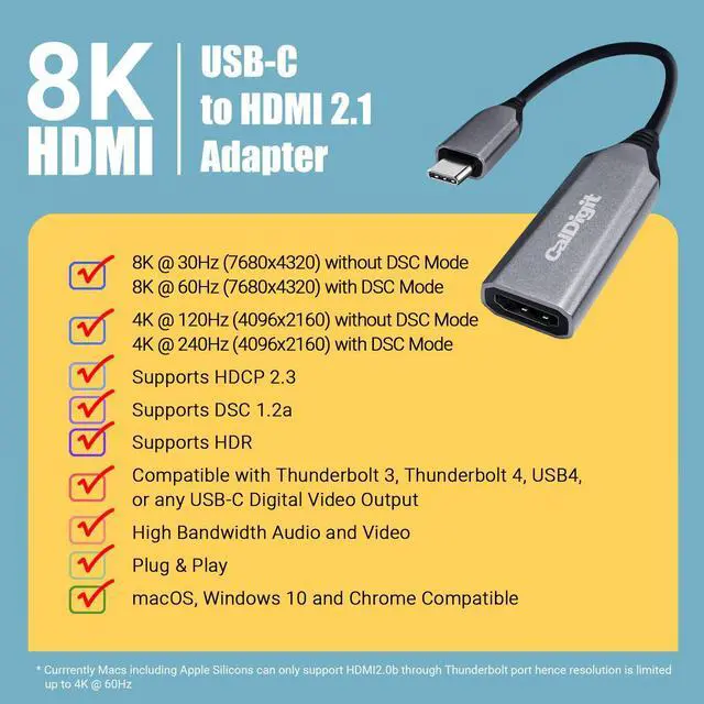 Alt view image 3 of 5 - CalDigit USB-C to HDMI 2.1 8K Adapter Dongle - High Refresh Display, HDR, 10 bit, Compatible with Thunderbolt 3/4 / USB 3.1 / USB4 for Apple MacBook Air, 2016+ MacBook Pro (USB-C to HDMI 2.1 (8K))