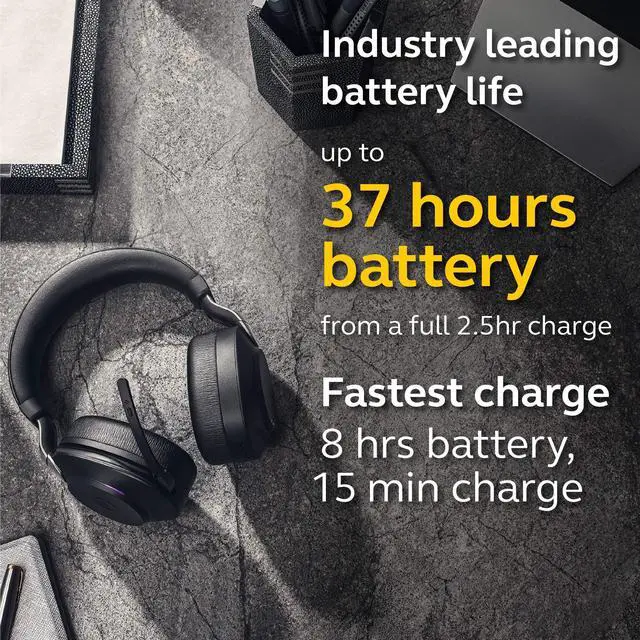 Alt view image 4 of 5 - Jabra Evolve2 85 MS Wireless Headphones with Link380a, Stereo, Black - Wireless Bluetooth Headset for Calls and Music, 37 Hours of Battery Life, Advanced Noise Cancelling Headphones