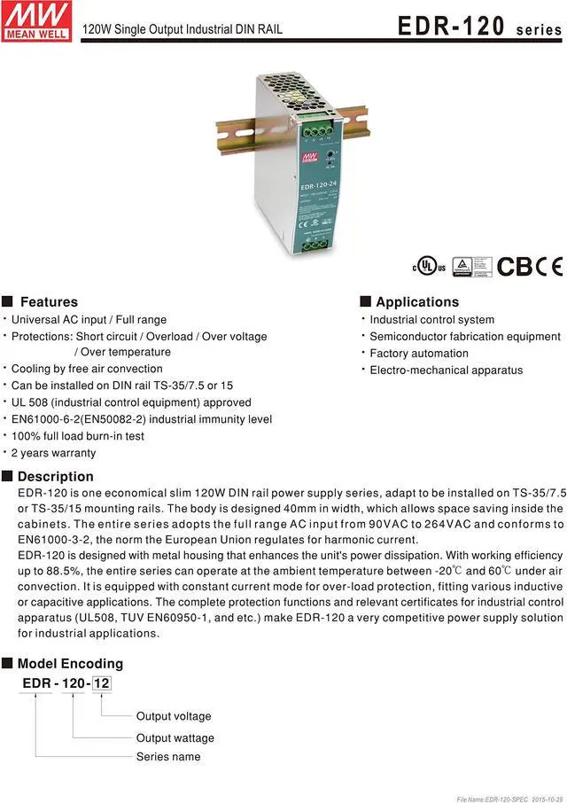 Alt view image 2 of 5 - MEAN WELL EDR-120-24 Single Output DIN Rail Power Supply 24V 5 Amp 120W