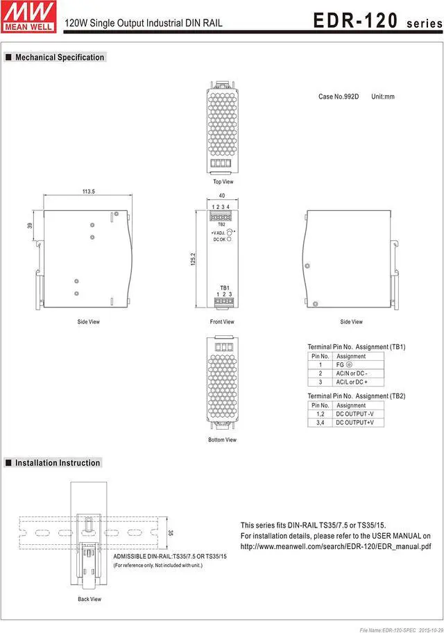 Alt view image 5 of 5 - MEAN WELL EDR-120-24 Single Output DIN Rail Power Supply 24V 5 Amp 120W