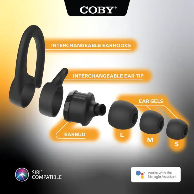 Alt view image 2 of 5 - Coby True Wireless Bluetooth Earbuds | Interchangeable Ear Hooks & Tips | Sweat-Resistant |14-Hours Play Time | Drop-Proof Charging Case | Wireless Headphone w. On-Ear Controls | Gym Ready | Black