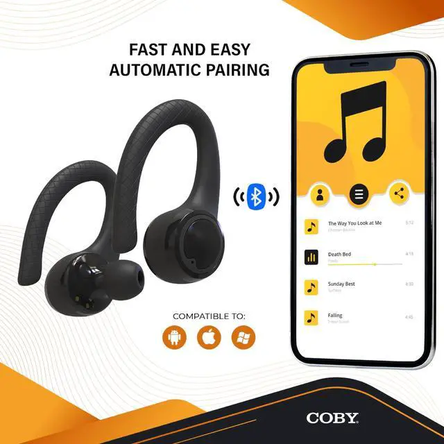 Alt view image 5 of 5 - Coby True Wireless Bluetooth Earbuds | Interchangeable Ear Hooks & Tips | Sweat-Resistant |14-Hours Play Time | Drop-Proof Charging Case | Wireless Headphone w. On-Ear Controls | Gym Ready | Black