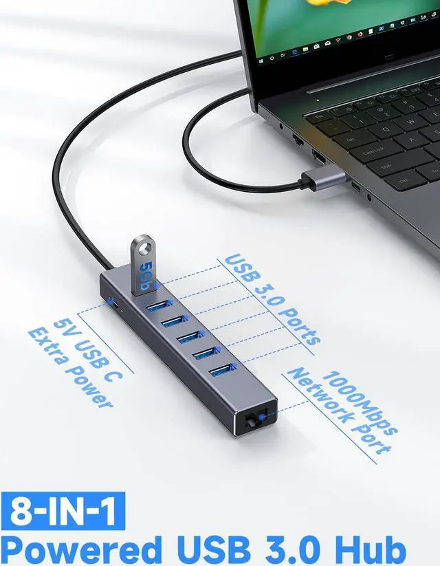 Alt view image 3 of 5 - USB 3.0 Hub, 8-in-1 USB to Network HUB with 6 USB 3.0 Data Transmission, Gigabit Ethernet Port and 5V/3A Power Adapter USB Aluminum Extension for Laptop, iMac, PC, USB Flash Drives etc