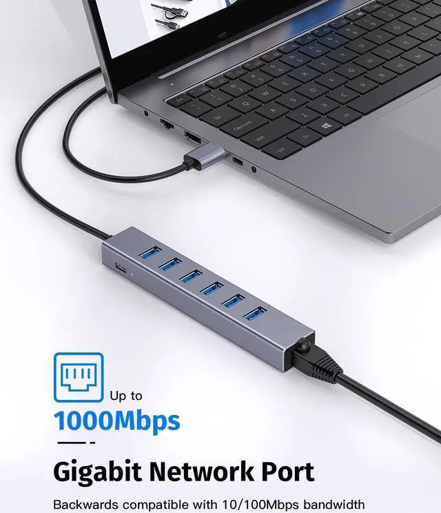 Alt view image 5 of 5 - USB 3.0 Hub, 8-in-1 USB to Network HUB with 6 USB 3.0 Data Transmission, Gigabit Ethernet Port and 5V/3A Power Adapter USB Aluminum Extension for Laptop, iMac, PC, USB Flash Drives etc