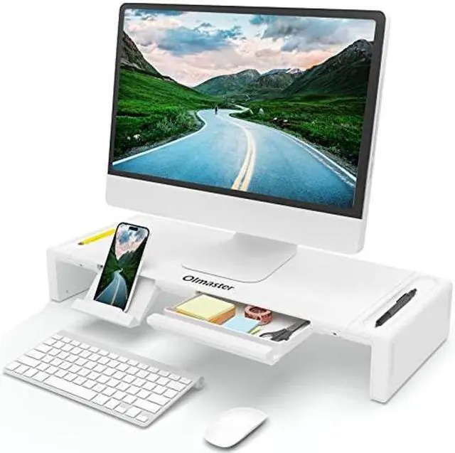 Main image of OImaster Monitor Stand Riser, Foldable Computer Monitor Riser, Adjustable Length Computer Stand and Storage Drawer & Pen Slot, Phone Stand Compatible Computer, Desktop, Laptop, Save Space (White)