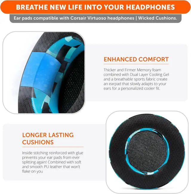 Alt view image 4 of 5 - WC Freeze Virtuoso - Hybrid Fabric Cooling Gel Replacement Earpads for Corsair Virtuoso Gaming Headset, Made by Wicked Cushions, Improved Durability, Thickness and Sound Isolation | Cyan Prism