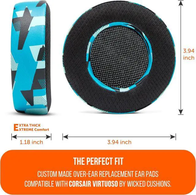 Alt view image 5 of 5 - WC Freeze Virtuoso - Hybrid Fabric Cooling Gel Replacement Earpads for Corsair Virtuoso Gaming Headset, Made by Wicked Cushions, Improved Durability, Thickness and Sound Isolation | Cyan Prism