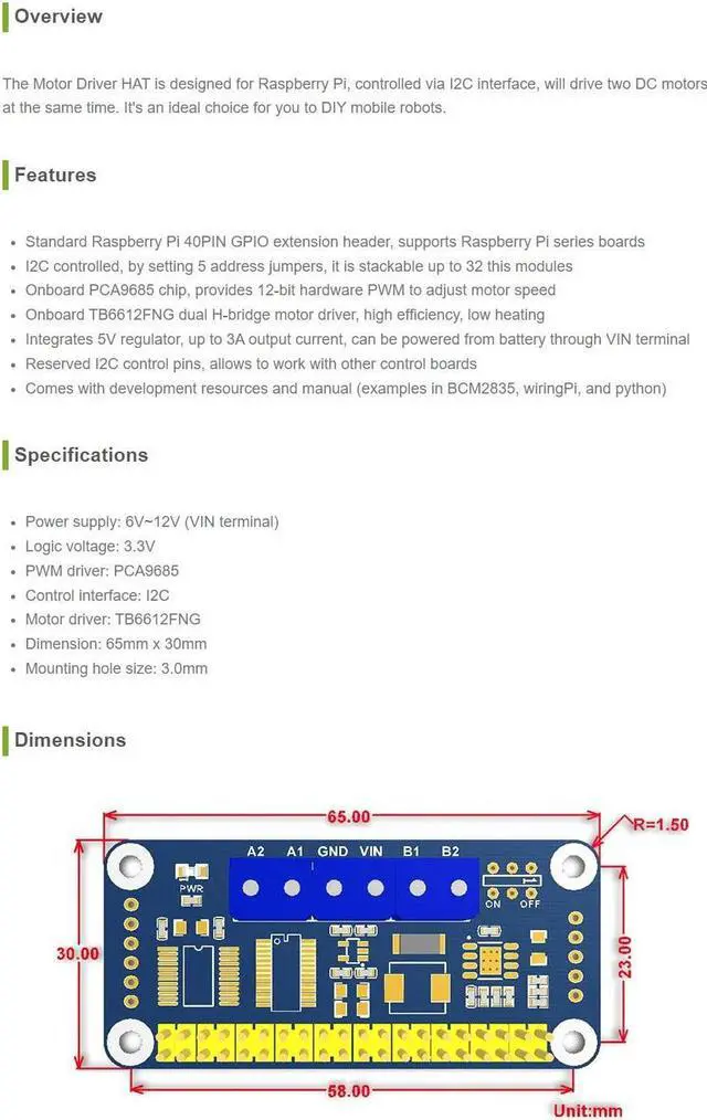 Alt view image 3 of 5 - waveshare Motor Driver HAT for Raspberry Pi Zero/Zero W/Zero WH/2B/3B/3B+ via I2C Interface Driving Two DC Motors