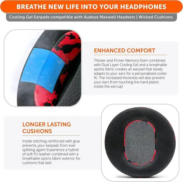 Alt view image 4 of 5 - WC Freeze Maxwell - Cooling Gel Replacement Earpads for Audeze Maxwell Headphones by Wicked Cushions - Elevate Comfort, Durability, Thickness & Sound Isolation for Epic Gaming Sessions | Red Camo
