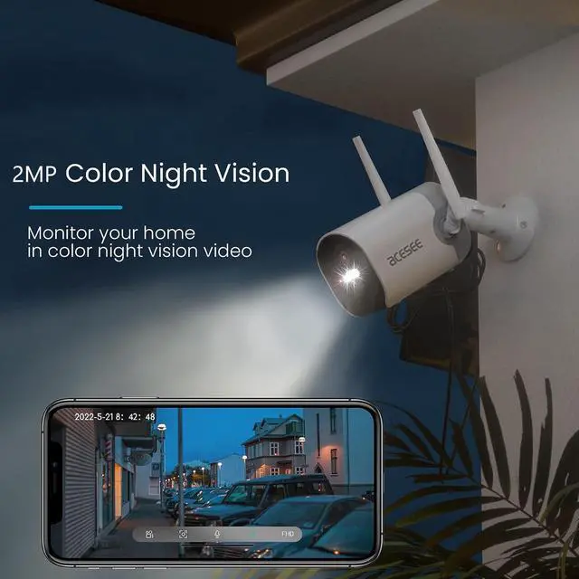 Alt view image 2 of 5 - acesee Solar Powered Security Camera Outdoor - 2MP Wireless Camera for Home Security Color Night Vision 2.4Ghz WiFi Surveillance Cam with Motion Detection 2-Way Audio - White