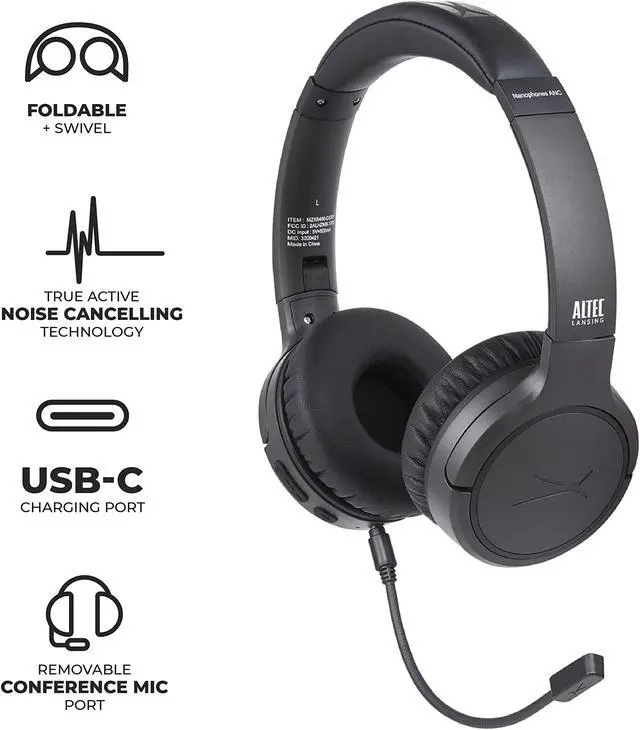Alt view image 2 of 5 - Altec Lansing Nanophones ANC Bluetooth Wireless Active Noise Cancelling Headphones On Ear Headphones 12 Hour Battery Life, Foldable Earcups, Removeable Mic for Working and Learning from Home (Grey)