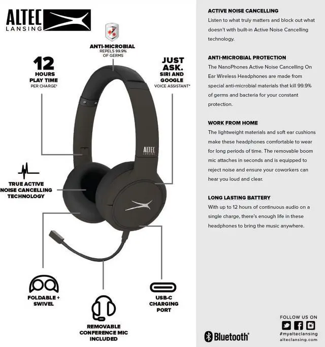 Alt view image 4 of 5 - Altec Lansing Nanophones ANC Bluetooth Wireless Active Noise Cancelling Headphones On Ear Headphones 12 Hour Battery Life, Foldable Earcups, Removeable Mic for Working and Learning from Home (Grey)
