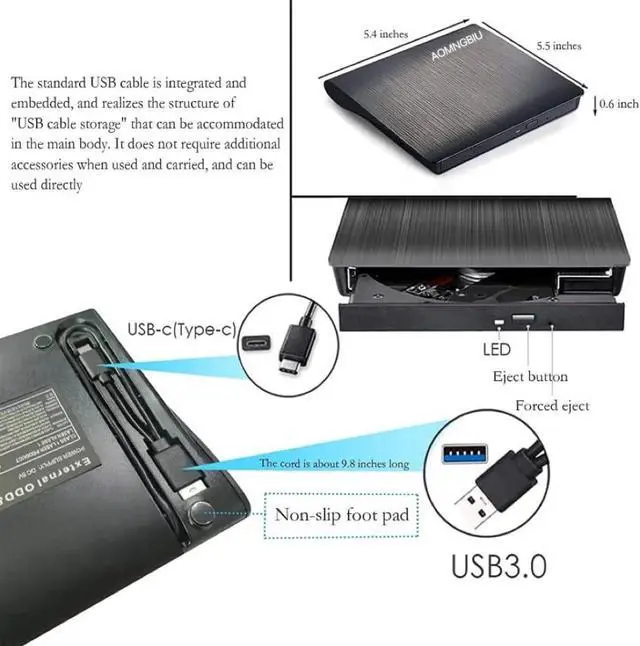 Alt view image 3 of 5 - AOMNGBIU External CD/DVD Drive for Laptop USB 3.0 Portable +/-RW CD Burner Writer Reader Compatible with Mac MacBook Pro/Air iMac Desktop Windows 7/8/10/XP/Vista(Black)
