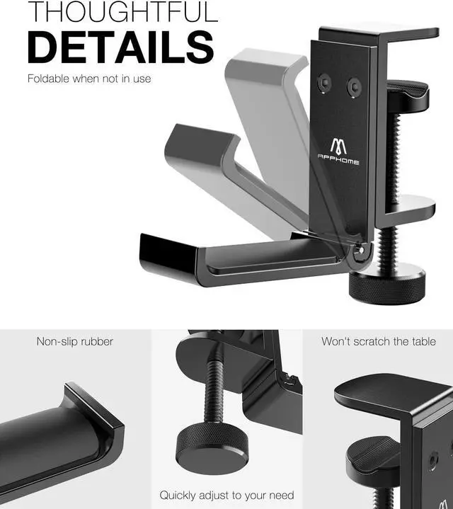 Alt view image 4 of 5 - APPHOME Foldable Headphone Stand Hanger Holder, Space-Saving Aluminum Soundbar Stand with Universal Fit for Gaming PC Accessories, Under Desk Clamp Hook Mount (Black-2PC)