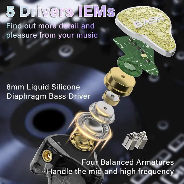 Alt view image 2 of 5 - BASN Bmaster5 in Ear Monitors, 5 Drivers Drummer Headphones with Powerful Bass, Noise Isolation IEM Earbuds with Detachable MMCX Sliver-plated OFC Cable for Musicians (Starlight Gold, MMCX)