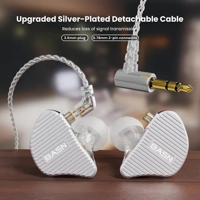 Alt view image 4 of 5 - BASN MiX-PD in Ear Monitor,1Planar Driver + 1Dynamic Driver HiFi IEM Earphones with CNC Crafted Metal Cover, Wired 0.78mm 2-Pin Silver Plated Detachable Cable for Musicians (Silver)