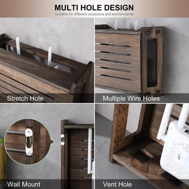 Alt view image 5 of 5 - BEARUT Wooden Router Shelf Wall Mount WiFi Router Storage Box Modem Cable Router Cover Organized Power Strip Cable Management Hider Rack Need Assembly 14.9 * 9.8 * 5.4 in (L* H * W)
