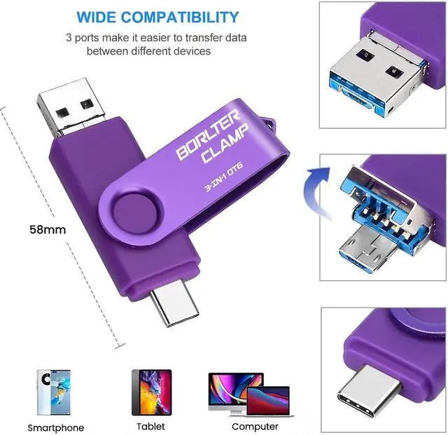 Alt view image 2 of 5 - 256GB 3 in 1 USB 3.0 Flash Drive Photo Stick for Android Phones, BorlterClamp OTG Memory Stick with 3 USB Ports (USB C, microUSB, USB A) for Samsung Galaxy, LG, Tablets, PC and More, Purple