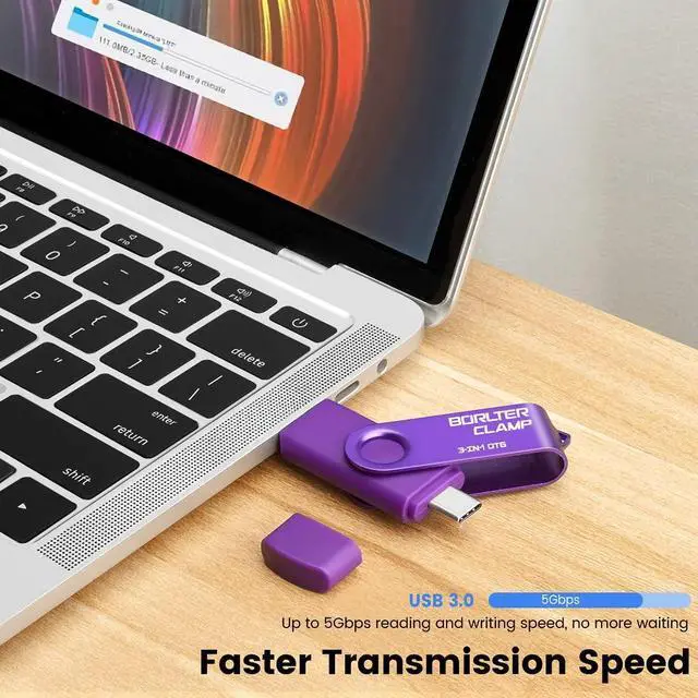 Alt view image 4 of 5 - 256GB 3 in 1 USB 3.0 Flash Drive Photo Stick for Android Phones, BorlterClamp OTG Memory Stick with 3 USB Ports (USB C, microUSB, USB A) for Samsung Galaxy, LG, Tablets, PC and More, Purple