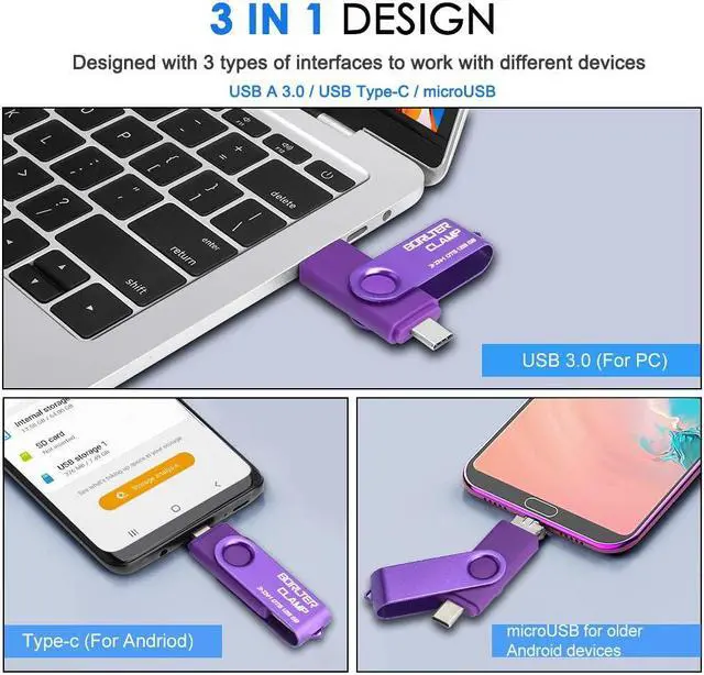 Alt view image 5 of 5 - 256GB 3 in 1 USB 3.0 Flash Drive Photo Stick for Android Phones, BorlterClamp OTG Memory Stick with 3 USB Ports (USB C, microUSB, USB A) for Samsung Galaxy, LG, Tablets, PC and More, Purple
