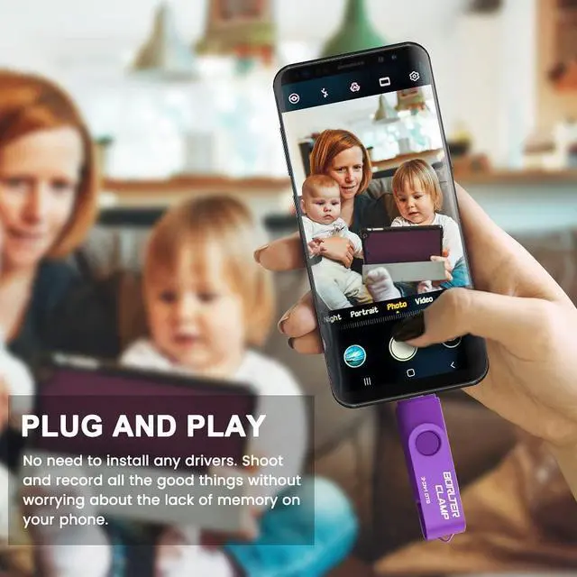 Alt view image 3 of 5 - 256GB 3 in 1 USB 3.0 Flash Drive Photo Stick for Android Phones, BorlterClamp OTG Memory Stick with 3 USB Ports (USB C, microUSB, USB A) for Samsung Galaxy, LG, Tablets, PC and More, Purple