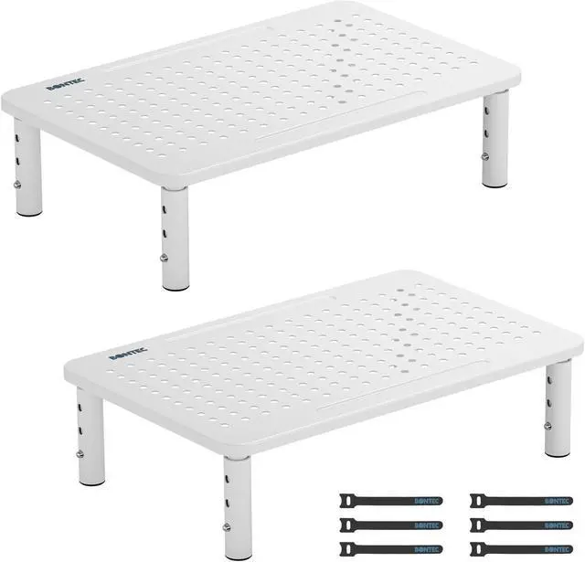 Main image of BONTEC 2 Pack Monitor Stand Riser, Computer Monitor Riser Stand with Mesh Platform for Laptop, Computer, iMac, PC up to 55LBs with Pen Holder, Cable Management Slot, White