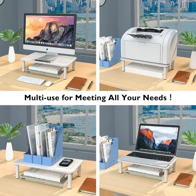 Alt view image 2 of 5 - BONTEC 2 Pack Monitor Stand Riser, Computer Monitor Riser Stand with Mesh Platform for Laptop, Computer, iMac, PC up to 55LBs with Pen Holder, Cable Management Slot, White