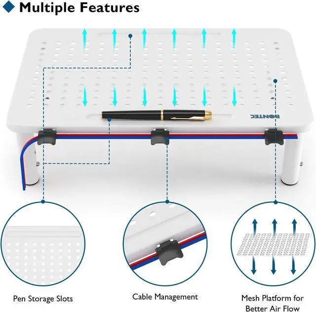 Alt view image 4 of 5 - BONTEC 2 Pack Monitor Stand Riser, Computer Monitor Riser Stand with Mesh Platform for Laptop, Computer, iMac, PC up to 55LBs with Pen Holder, Cable Management Slot, White