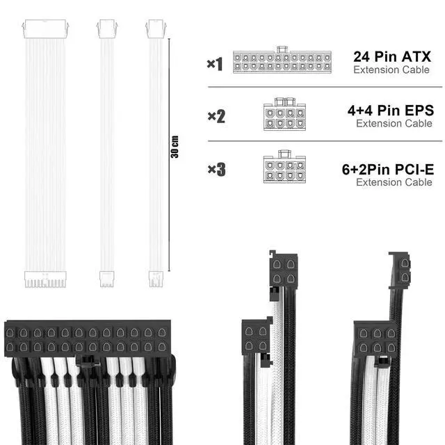 Alt view image 3 of 5 - PSU Cable Extension Kit 30CM Length with Combs,1x24Pin/2x8Pin(4+4) EPS/3x8Pin(6P+2P) PCI-E/PC Sleeved for ATX Power Supply,White, All-White