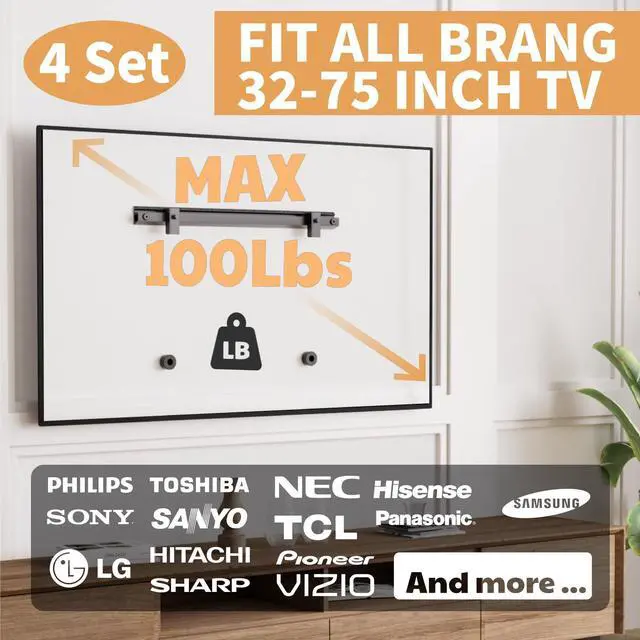Alt view image 3 of 5 - AENTGIU 4-Set Studless TV Wall Mount, Heavy Duty Drywall TV Bracket Hanger for 32-75 inch Flat Screen TVs, No Stud, No Drill, No Anchors, Easy Install with All Hardware Included
