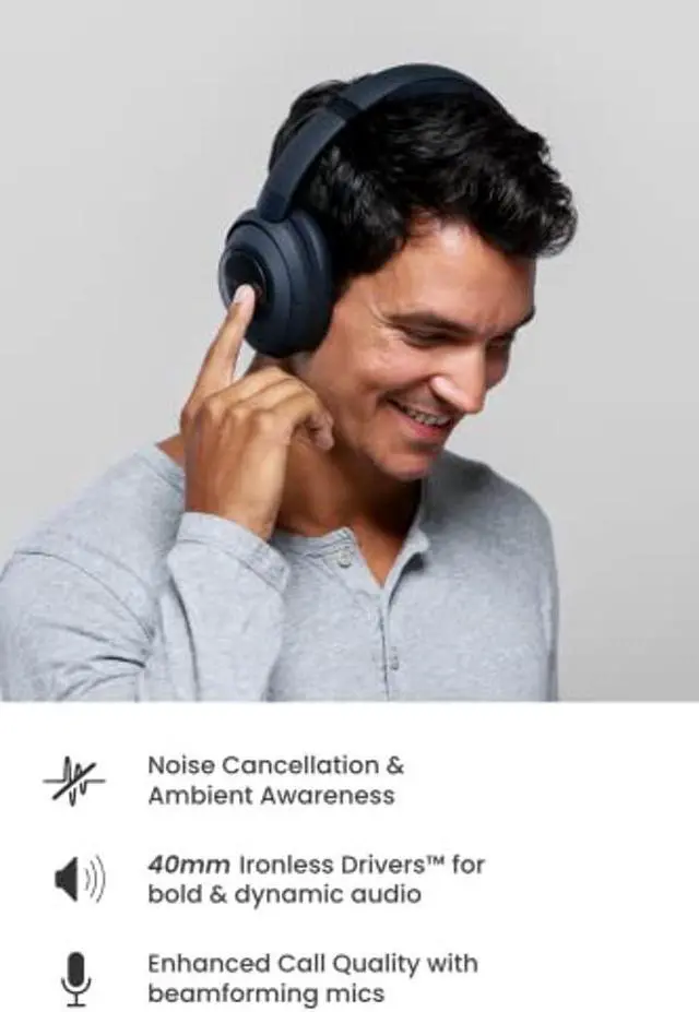 Alt view image 2 of 5 - Cleer Audio Alpha Adaptive Active Noise Canceling Bluetooth Headphones, Dual-Microphone, Touch Controls, 35 Hr Battery Life, Multipoint Connection, Dirac Spatial Audio, App,Midnight Blue
