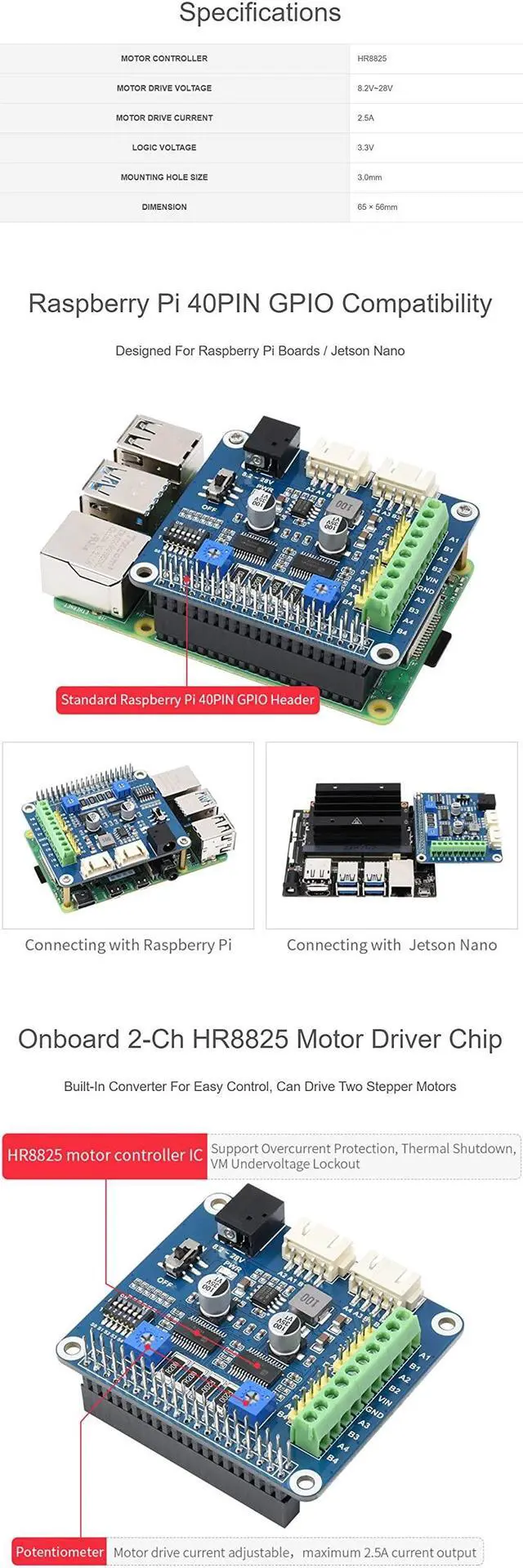 Alt view image 5 of 5 - Coolwell HRB8825 Stepper Motor HAT Compatible Raspberry Pi Series Board/Jetson Nano, Drives Two Stepper Motors, 6 Available Microstepping Modes