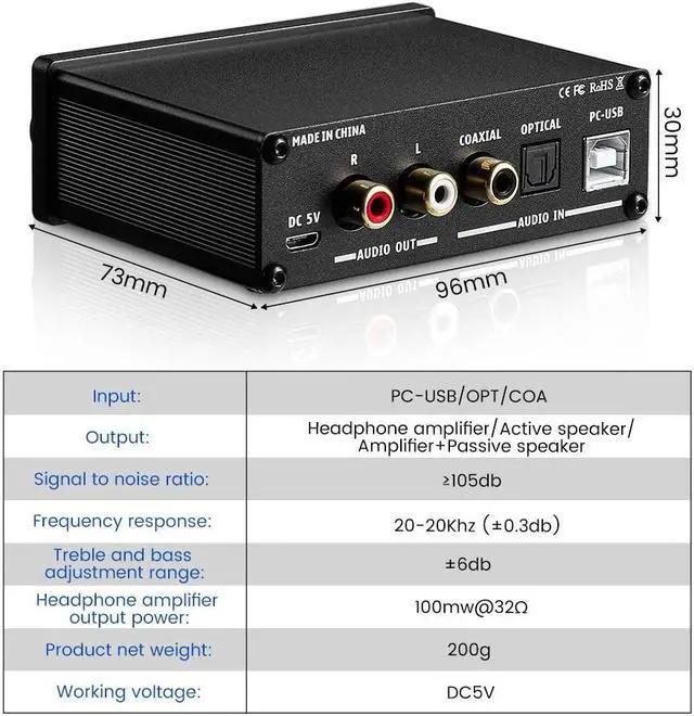 Alt view image 3 of 5 - AIYIMA DAC-A2 Headphone Amplifier DAC with Bass Treble Controls PC-USB/Optical/Coaxial Inputs, RCA/3.5mm Headphone Ouput Digital to Analog Desktop Audio Converter 5V 24Bit 192kHz