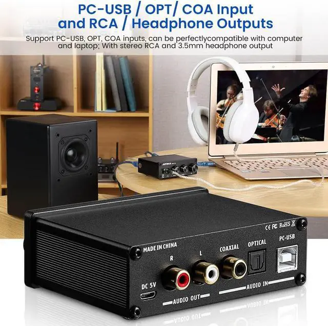 Alt view image 4 of 5 - AIYIMA DAC-A2 Headphone Amplifier DAC with Bass Treble Controls PC-USB/Optical/Coaxial Inputs, RCA/3.5mm Headphone Ouput Digital to Analog Desktop Audio Converter 5V 24Bit 192kHz
