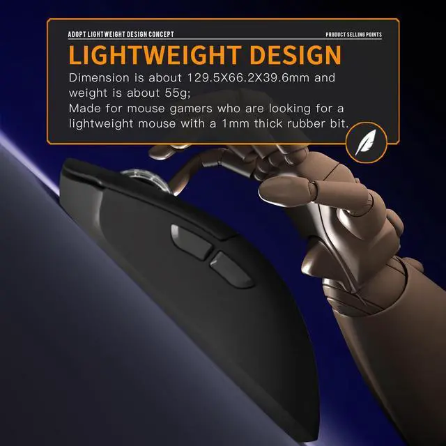 Alt view image 5 of 5 - Darmoshark M3 Pro Wireless Gaming Mouse,Tri-Mode 2.4G/USB-C/Bluetooth Mouse Up to 26KDPI,PAW3395 Optical Sensor Lightweight 55g,8 programmable Button 500MAh Battery Life,Computer Mouse for Laptop(B)
