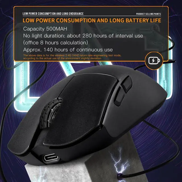 Alt view image 3 of 5 - Darmoshark M3 Pro Wireless Gaming Mouse,Tri-Mode 2.4G/USB-C/Bluetooth Mouse Up to 26KDPI,PAW3395 Optical Sensor Lightweight 55g,8 programmable Button 500MAh Battery Life,Computer Mouse for Laptop(B)