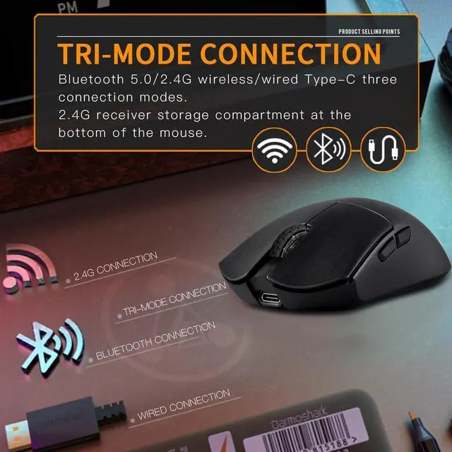 Alt view image 4 of 5 - Darmoshark M3 Pro Wireless Gaming Mouse,Tri-Mode 2.4G/USB-C/Bluetooth Mouse Up to 26KDPI,PAW3395 Optical Sensor Lightweight 55g,8 programmable Button 500MAh Battery Life,Computer Mouse for Laptop(B)