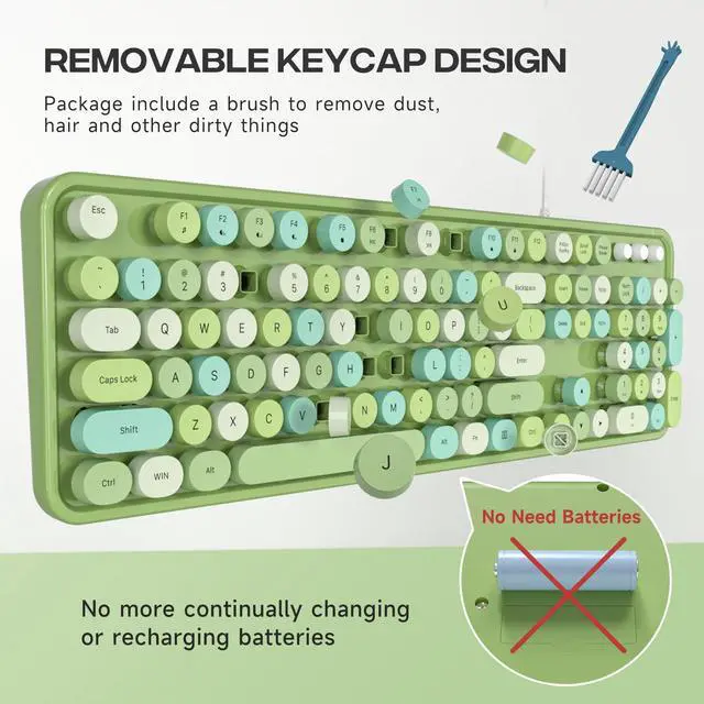 Alt view image 2 of 5 - Dilter Wired Keyboard, 104 Keys Full-Sized Typewriter Keyboards, USB Plug Play Office Keyboard with Number Pad, Caps Indicators, Foldable Stands for Windows, PC, Laptop, Desktop (Green Colorful)