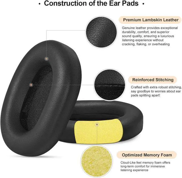 Alt view image 4 of 5 - Aurivor Genuine Leather Ear-Pads Cushions for Sony WH-1000XM5 Noise Canceling Headphones, Premium XM5 Replacement Ear Covers with Soft Lambskin Leather, Optimized Memory Foam (Lambskin-Black)