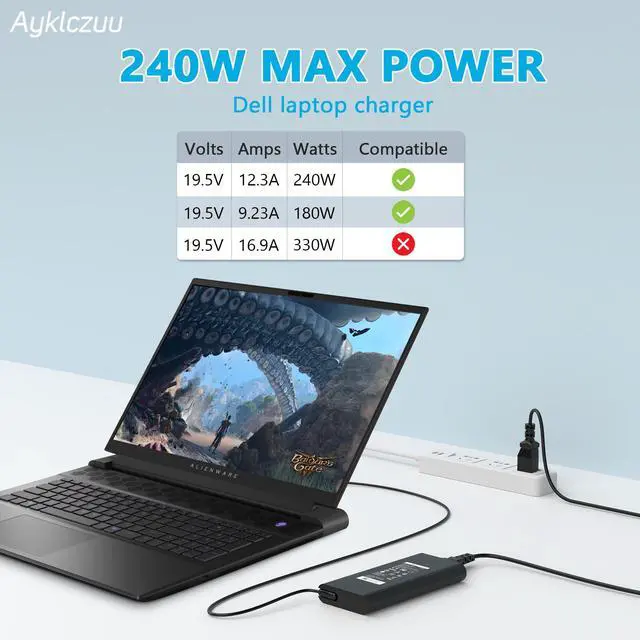 Alt view image 3 of 5 - 2025 New Slim 240W 180W Laptop Charger for Dell Alienware 13 15 17 R1 R2 R3 R4 X51 M15 M17 M17X M18X G3 G5 G7,Dell Precision 17 7710 7730 7670 7780 7770 M6500 M6600 M6700 AC Adapter Power Supply Cord