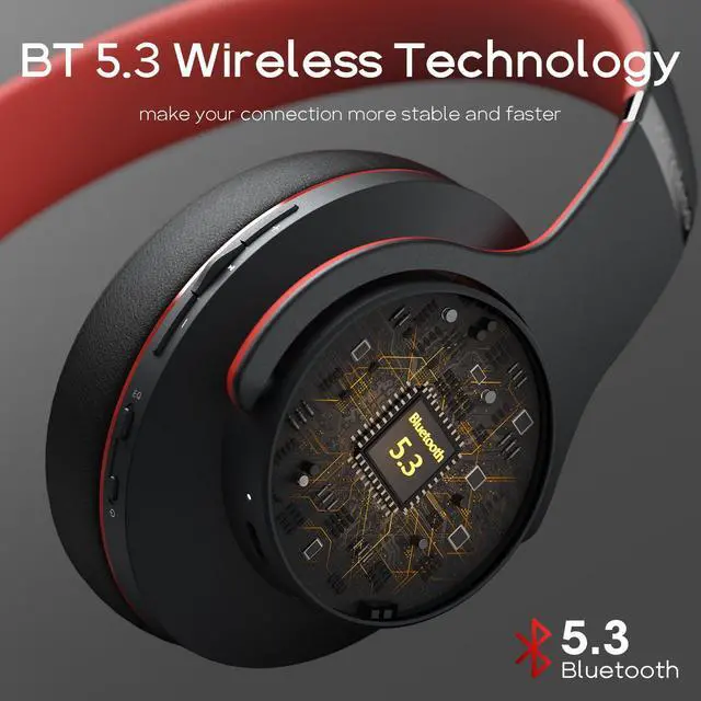 Alt view image 2 of 5 - DOQAUS Bluetooth Headphones Over Ear, 90 Hours Playtime Wireless Headphones with 3 EQ Modes,HiFi Stereo Headphones with Microphone and Soft Protein Earpads for iPhone/TV/PC/Home Office (Black-Red)