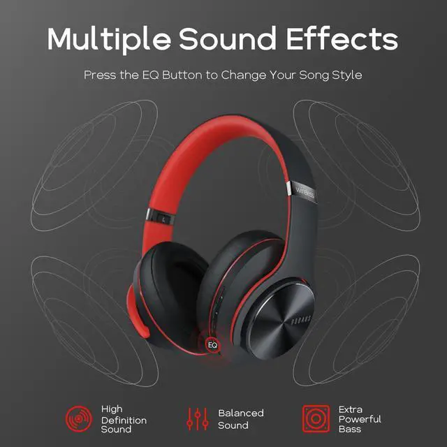Alt view image 3 of 5 - DOQAUS Bluetooth Headphones Over Ear, 90 Hours Playtime Wireless Headphones with 3 EQ Modes,HiFi Stereo Headphones with Microphone and Soft Protein Earpads for iPhone/TV/PC/Home Office (Black-Red)