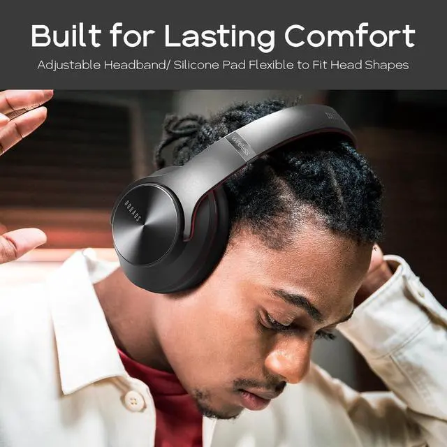 Alt view image 4 of 5 - DOQAUS Bluetooth Headphones Over Ear, 90 Hours Playtime Wireless Headphones with 3 EQ Modes,HiFi Stereo Headphones with Microphone and Soft Protein Earpads for iPhone/TV/PC/Home Office (Black-Red)
