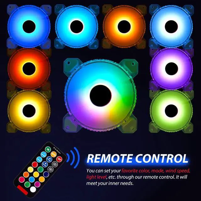 Alt view image 5 of 5 - 3 Pack RGB Case Fans,120mm Ultra-Quiet RGB Chassis Cooling Fans,Equiped with Remote Control Hub,5V ARGB Sync,Speed Adjustable Colorful Cooler,Crystal Appearance, High-Performance Computer Fan for Case