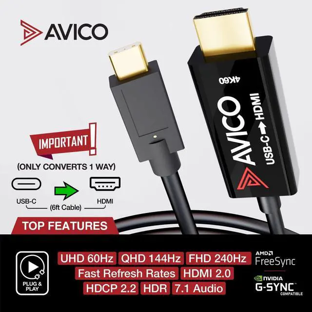 Alt view image 3 of 5 - Avico USB C to HDMI 2.0 Adapter, 4K@60Hz, HDR, HDCP 2.2, 144Hz, Thunderbolt Compatible