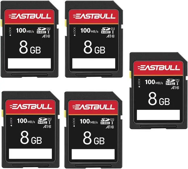 Main image of 5-Pack of SD Card 8GB EASTBULL Class 10 SD Card U1 V30 High-Speed 100MB/s Read SDHC Memory Card for Camera, Full HD Video, with 5 Mini Cases (8 GB, 5 Pack)