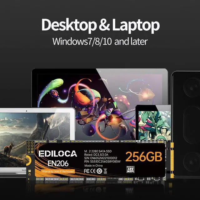 Alt view image 4 of 4 - Ediloca EN206 256GB 3D NAND TLC M.2 SSD, M.2 2280 SATA III 6Gb/s SSD Internal Hard Drive, Read/Write Speed up to 550/460 MB/s, Compatible with Ultrabooks, Tablet Computers and Mini PCs