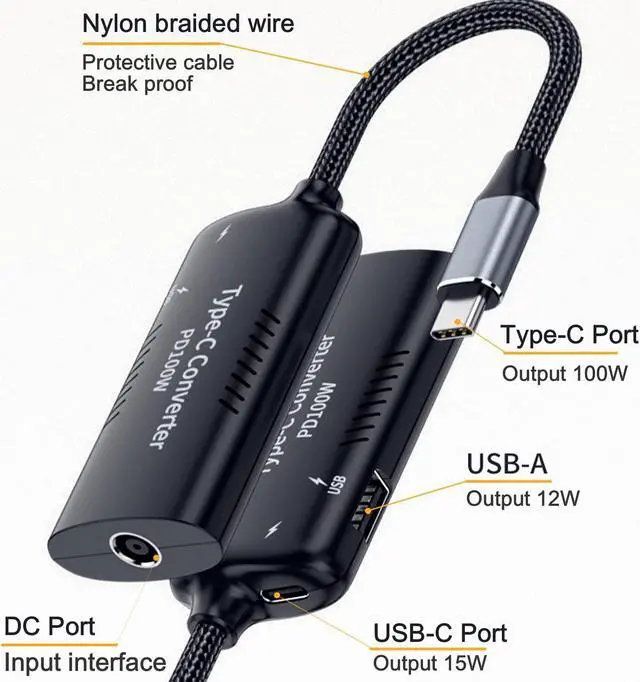 Alt view image 5 of 5 - BEYEE USB C Adapter, USB-C to Square Slim-Tip Adapter, 100W PD Fast Charging Converter with 3 USB Output Ports for Laptop, Matebook, MacBook Switch, Phone and More Type C Devices (LE1145)