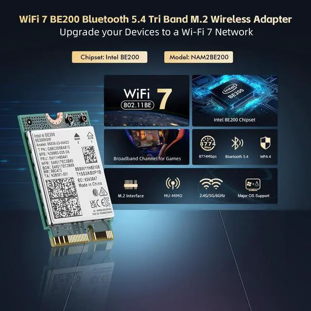 Alt view image 2 of 5 - Binardat WiFi7 Card M.2 BE200 WiFi Network Adapter, Intel BE200NGW Chip Bluetooth 5.4, 8774Mbps Tri-Band 2.4GHz/5GHz/6GHz OFDMA & MU-MIMO, for Laptop Windows 10/11