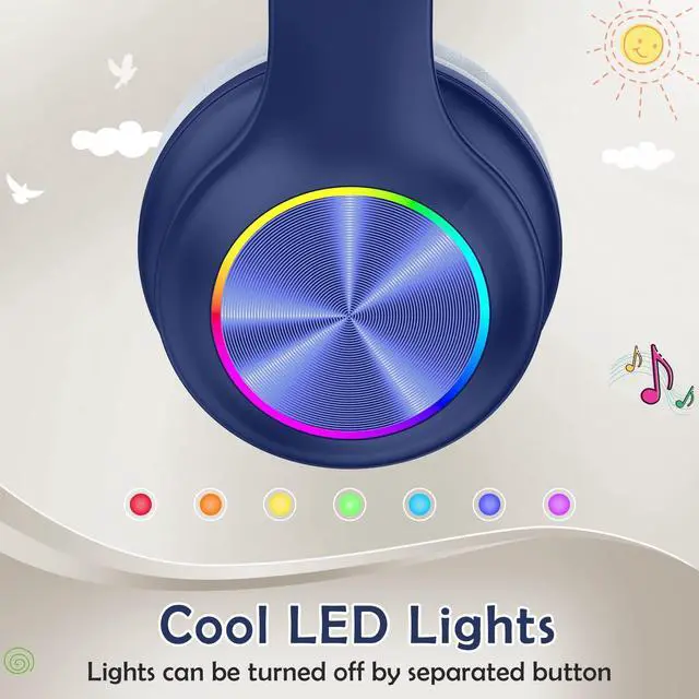 Alt view image 2 of 5 - Bluetooth Kids Headphones Fit for Aged 3-21, Colorful LED Lights Comfort Wireless Headphones with Microphone 94dB Volume Limited for School/iPad/PC/TV/Cellphones, Wired & TF Card Mode, Navy Blue
